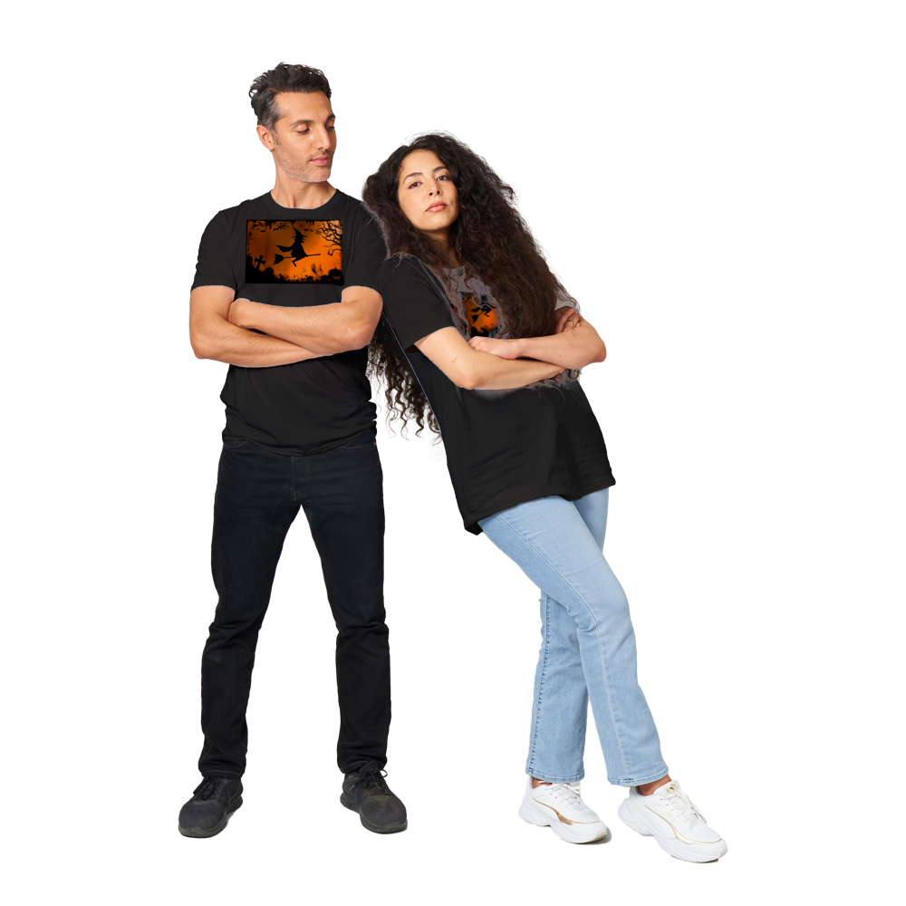 Halloween T-shirt - Witch flying on her broom in orange and black.