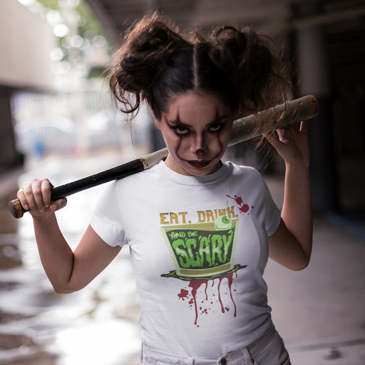 Halloween T-shirt - Eat Drink and be Scary colourful design. Unisex Mens / Womens