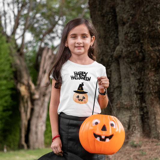 Kids Halloween T-shirt - Happy Halloween pumpkin in orange and black.