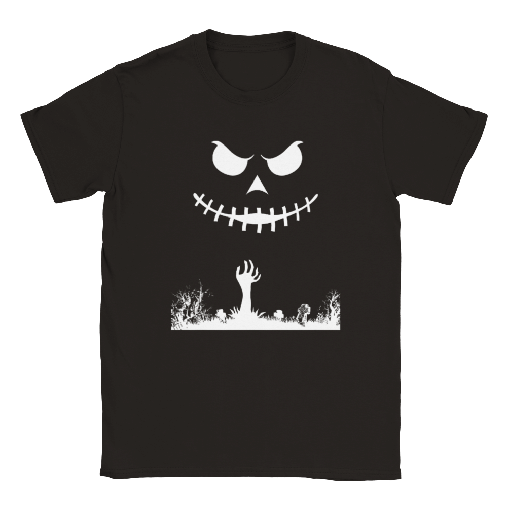 Kids Halloween T-shirt - Halloween pumpkin in Black and White with hand coming out of the ground.