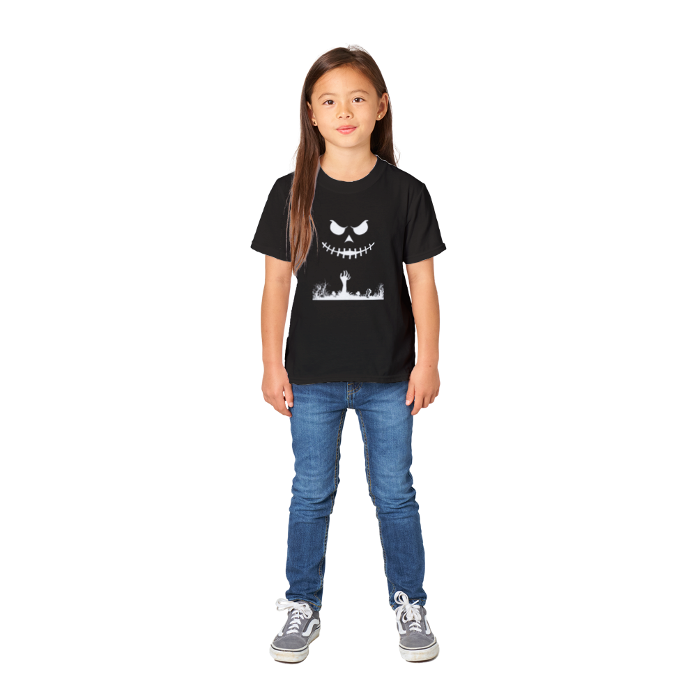 Kids Halloween T-shirt - Halloween pumpkin in Black and White with hand coming out of the ground.