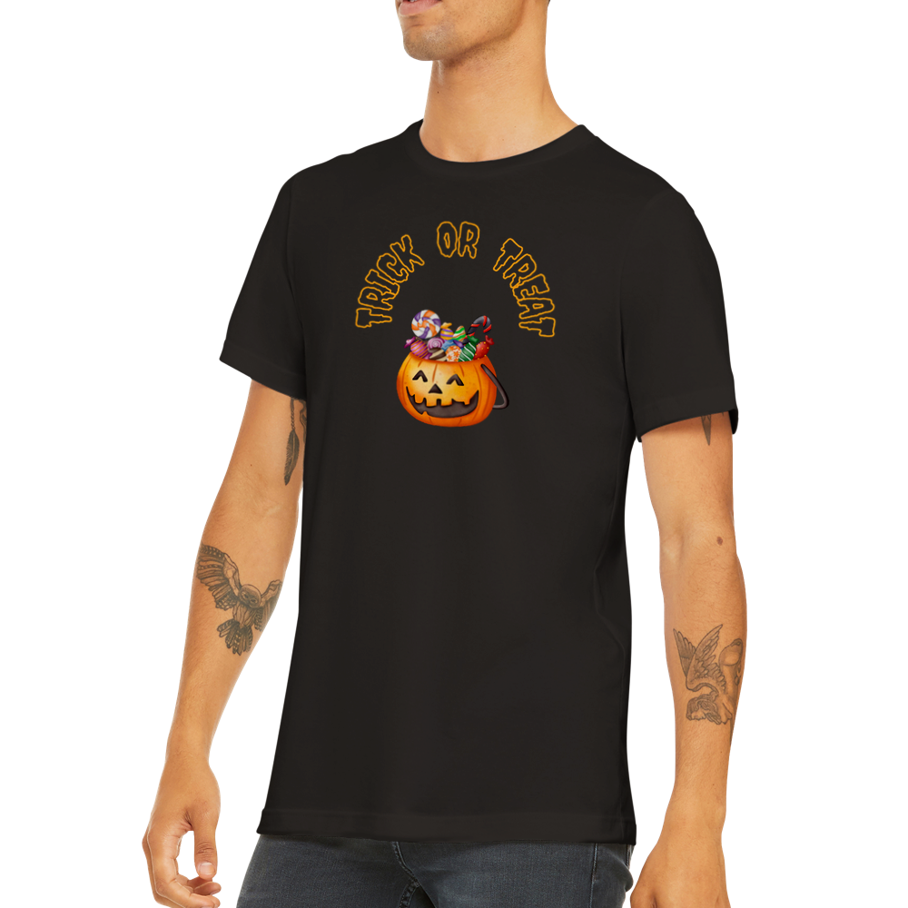 Halloween T-shirt - Trick or Treat pumpkin with sweets in orange and black.