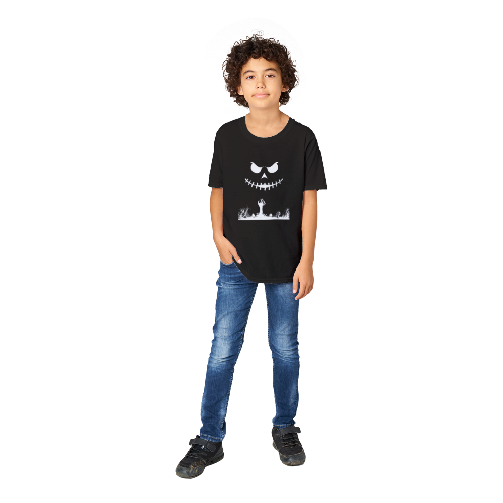 Kids Halloween T-shirt - Halloween pumpkin in Black and White with hand coming out of the ground.