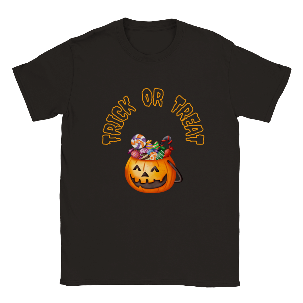 Kids Halloween T-shirt - Trick or Treat pumpkin with sweets in orange and black.