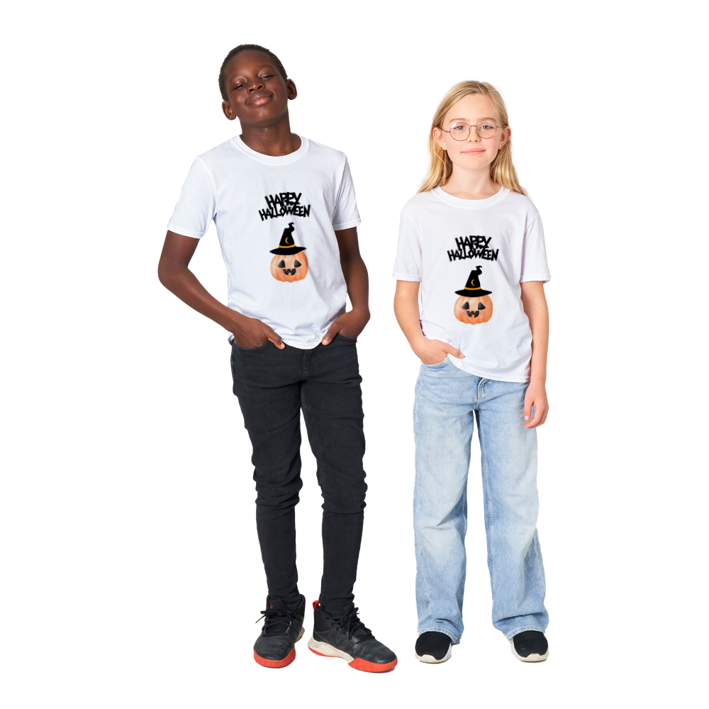 Kids Halloween T-shirt - Happy Halloween pumpkin in orange and black.