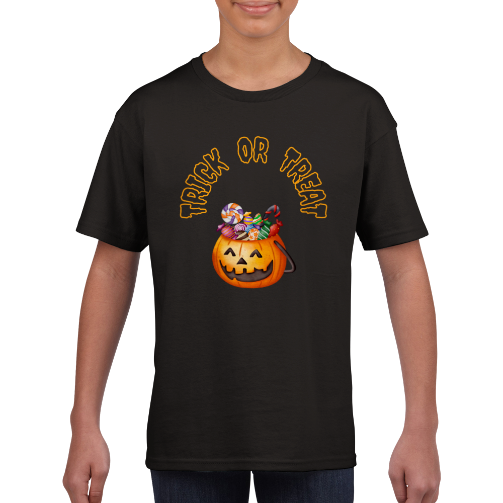 Kids Halloween T-shirt - Trick or Treat pumpkin with sweets in orange and black.