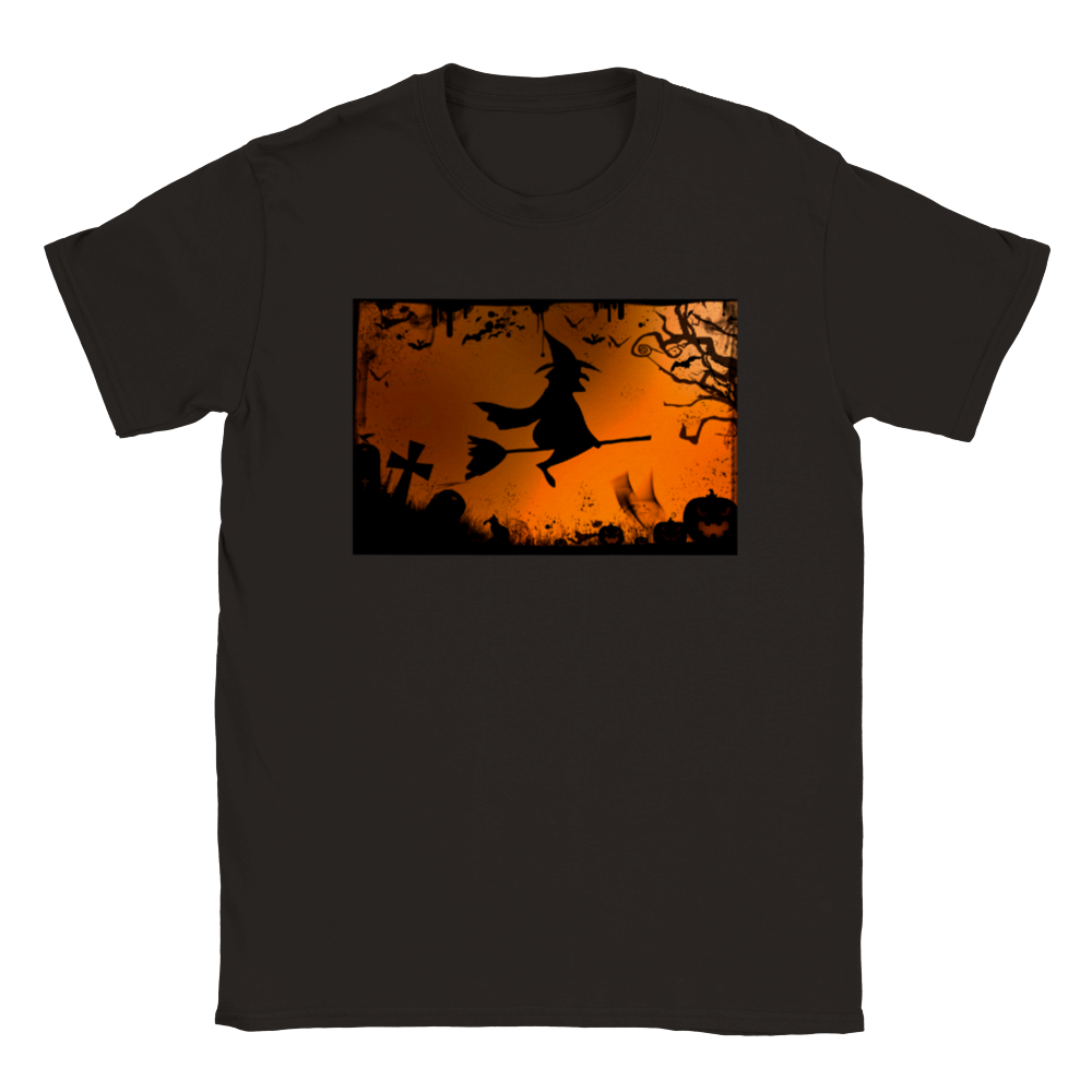 Halloween T-shirt - Witch flying on her broom in orange and black.