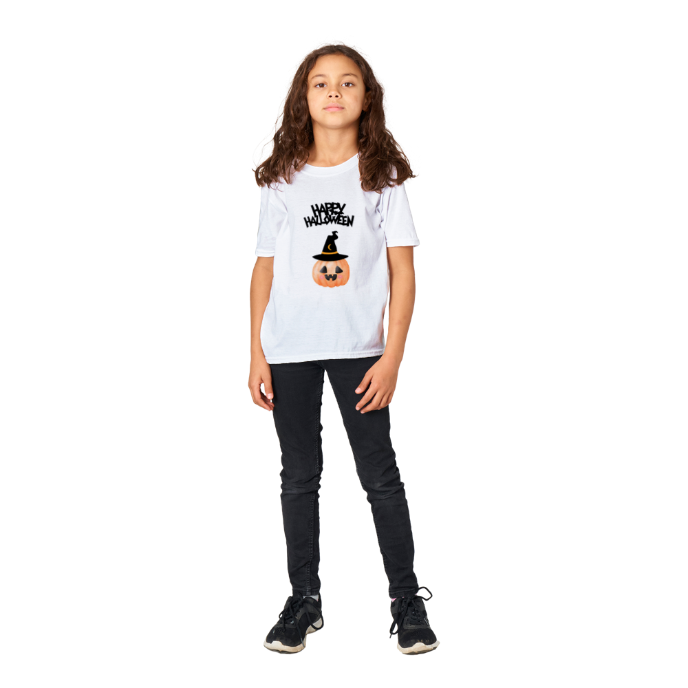 Kids Halloween T-shirt - Happy Halloween pumpkin in orange and black.