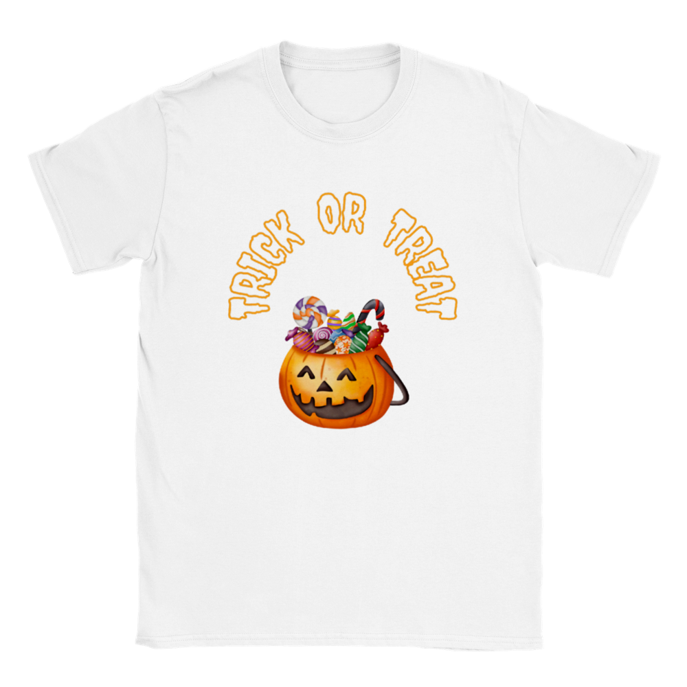 Halloween T-shirt - Trick or Treat pumpkin with sweets in orange and black.