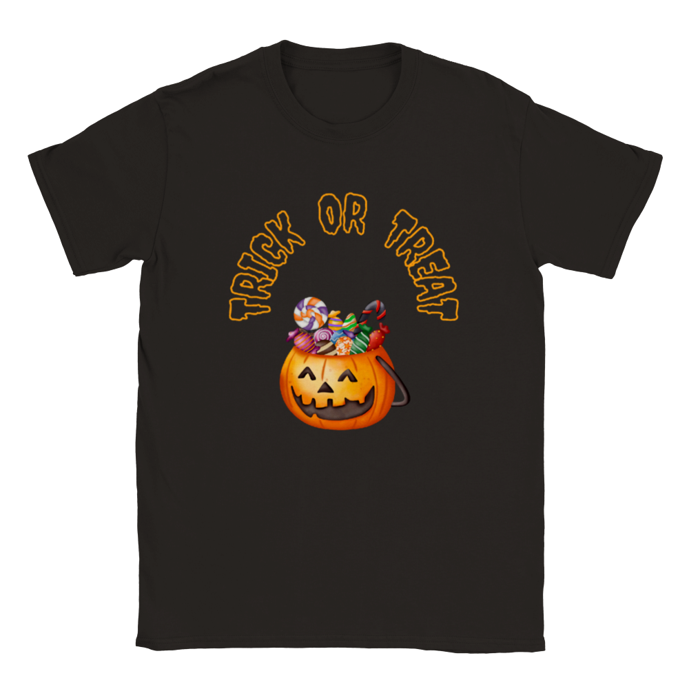 Halloween T-shirt - Trick or Treat pumpkin with sweets in orange and black.