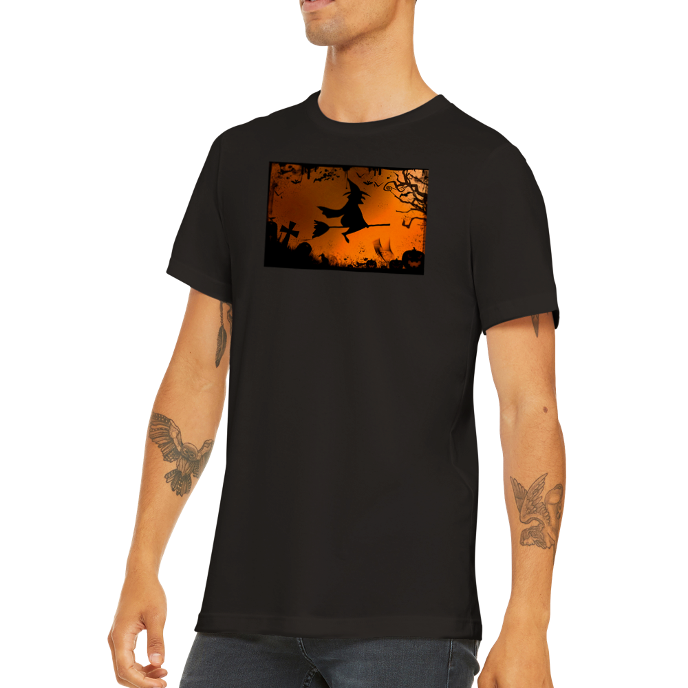 Halloween T-shirt - Witch flying on her broom in orange and black.